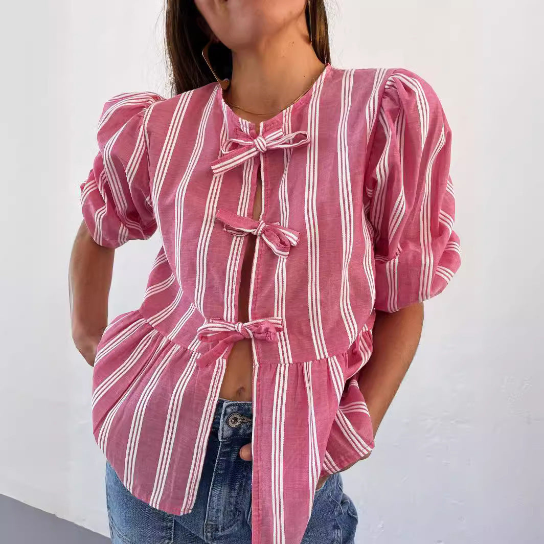 Striped Women's Top Tether Loose Pleated Shirt