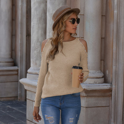 Knitted Sweater Solid Color Pullover Off Shoulder