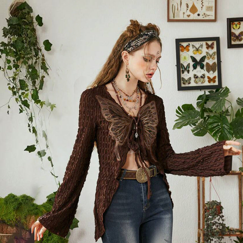 Butterfly Embroidery Tie-neck Cardigan Thin