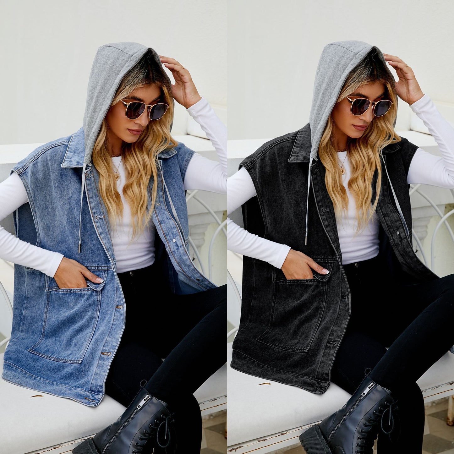 Denim Waistcoat Vest Hooded Detachable