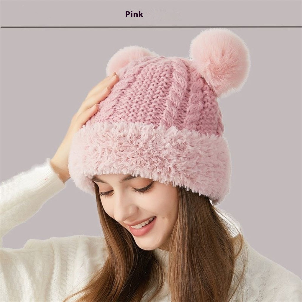 Winter Cute Fur Ball Knitted Hat for Women Outdoor