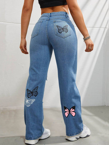 High Waisted Straight Leg Butterfly Jeans