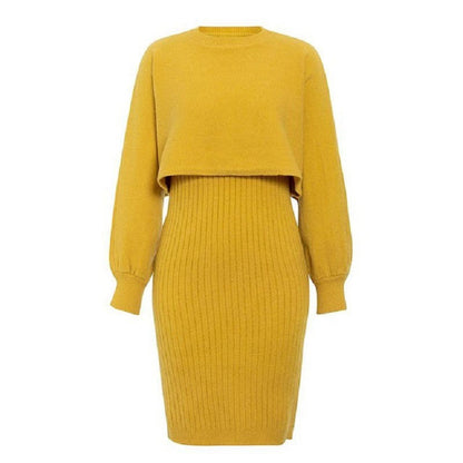 Knitted Dress & Pullover Lantern-sleeved Sweater Set