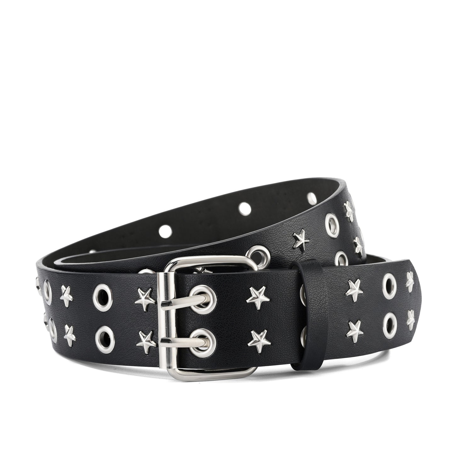 Punk Double Pin Buckle Five star Leather Black Belt