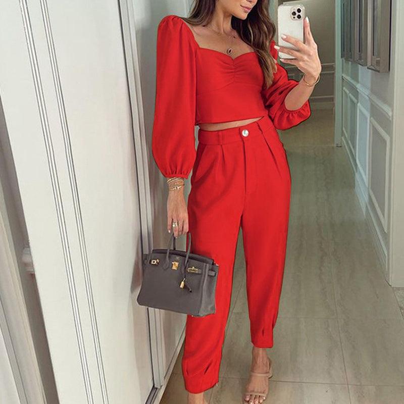 Long Sleeve Top High Waist Ankle-tied Trousers Set