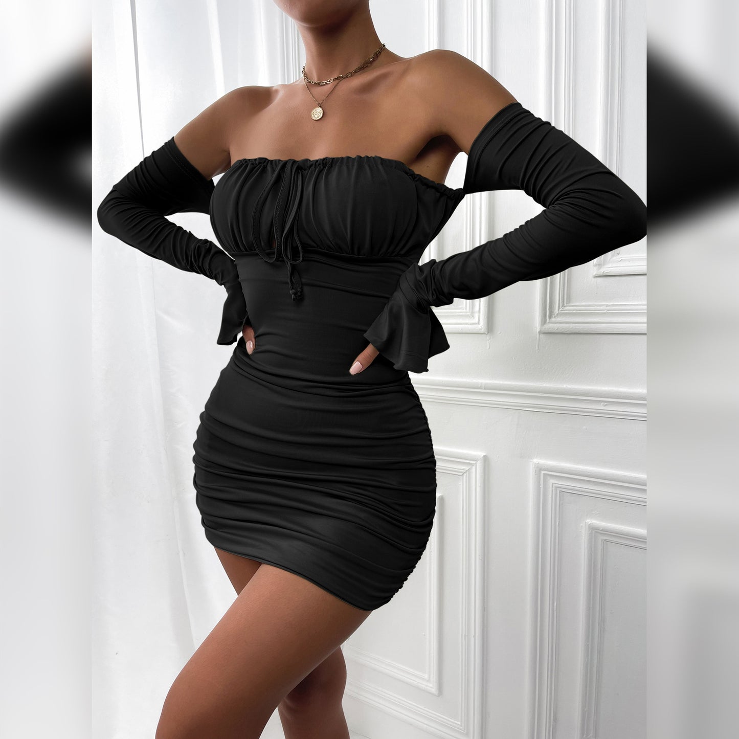 Women's Slim Off-shoulder Long Sleeve Tie Pleated Short Dress