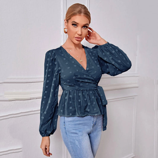 V-neck Slim-fit Light Mature Blouse Women