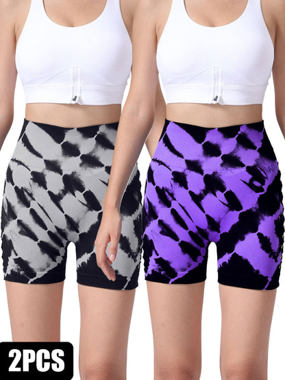 2 Pack Women's Side Cut-Out Tie-Dye High Waist Fitness Yoga Shorts