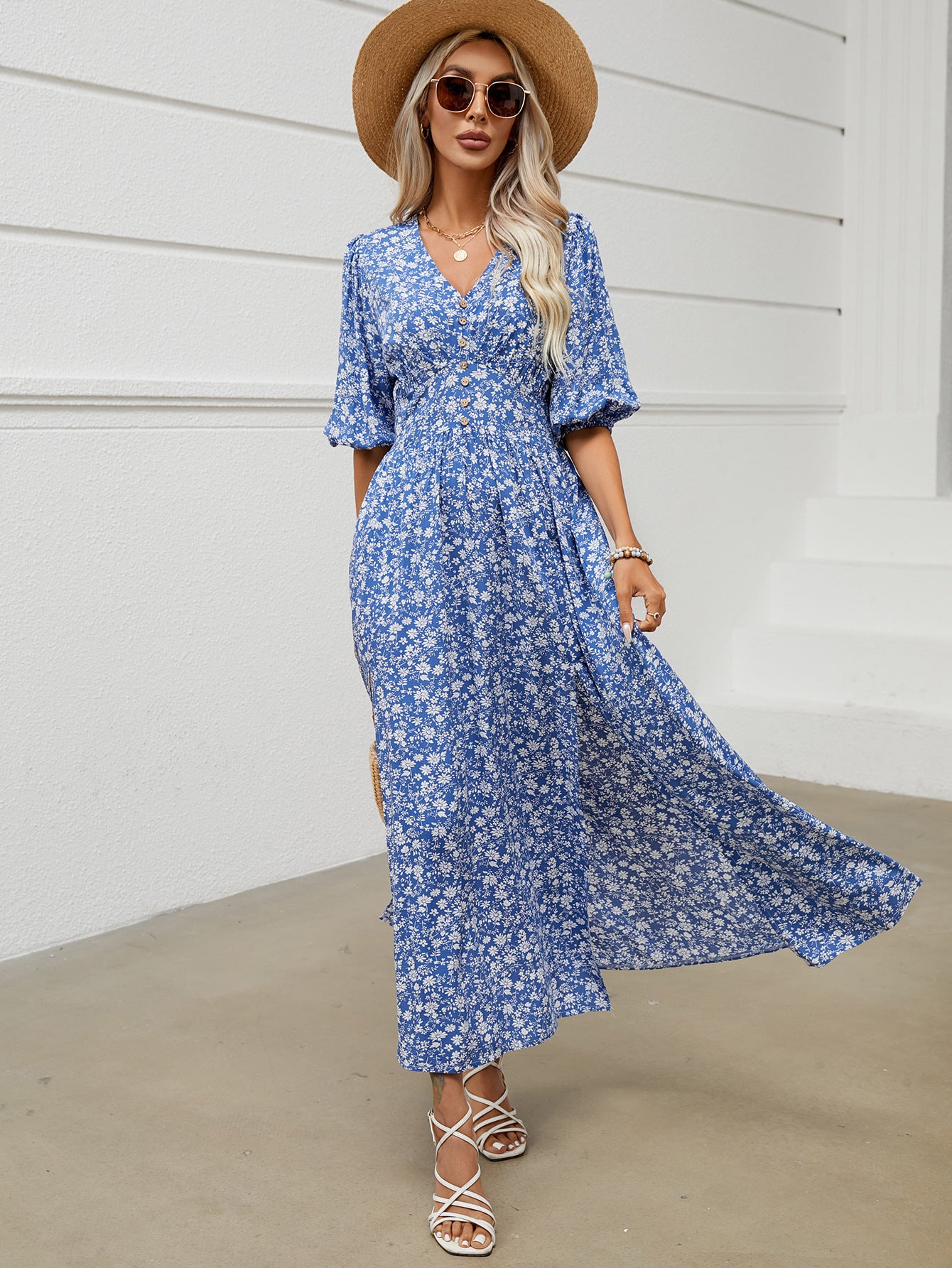 V-neck Lantern Sleeve Waist-tight Flowers Dress