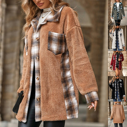 Plaid Woolen Coat Fashion Lapel breasted Mid-length Coat