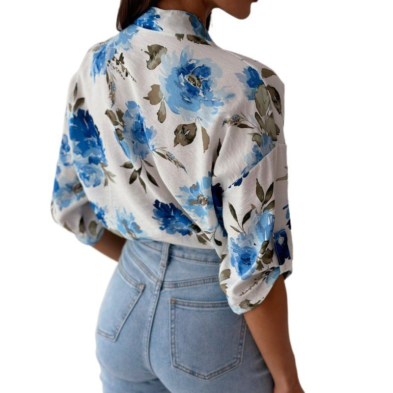 Loose Casual Print Shirt Half Collar Top