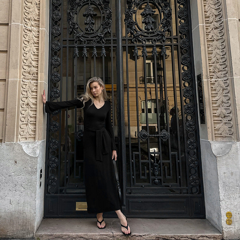 V-neck Lace-up Waist-controlled Black Dress