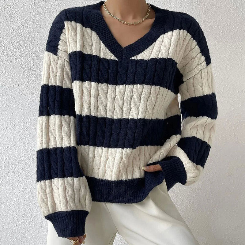 V-neck Long Sleeve Striped All-matching Sweater - Magic Moon Store