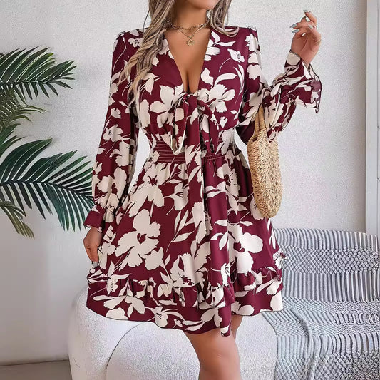 Floral V-Neck Long Sleeve Dress Fashion Ruffles Bowknot A-Line