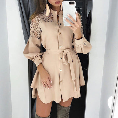 Long Sleeved Belted Blouse Beige dress