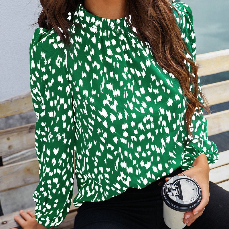 Half-high Collar Long Sleeve Dotted Blouse