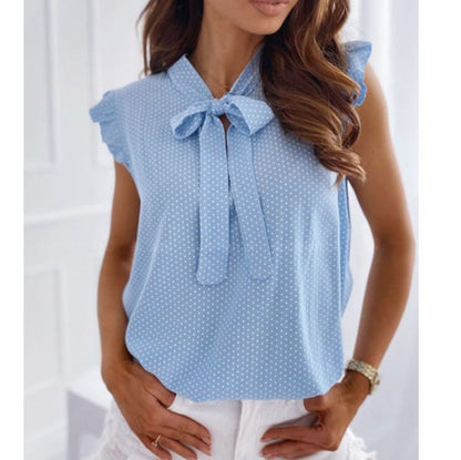 Polka Dot Bow Neck Sleeveless Blouse