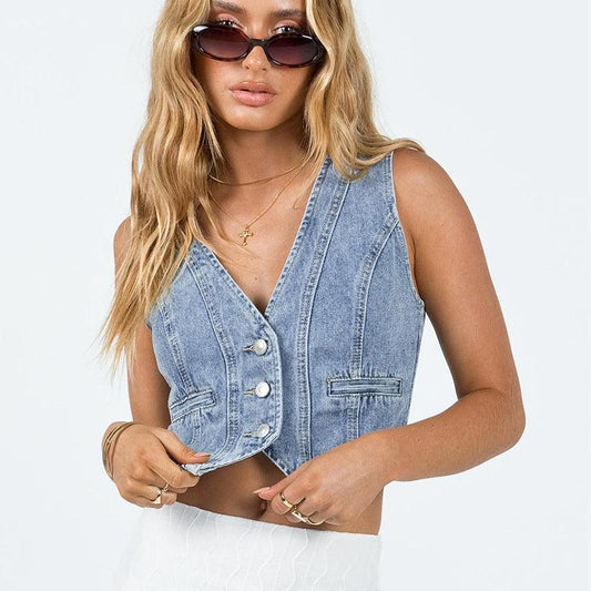 Denim V-neck Vest Top Magic Moon Store