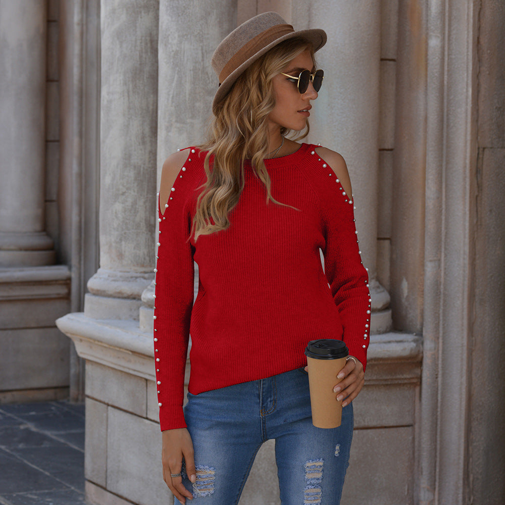 Knitted Sweater Solid Color Pullover Off Shoulder