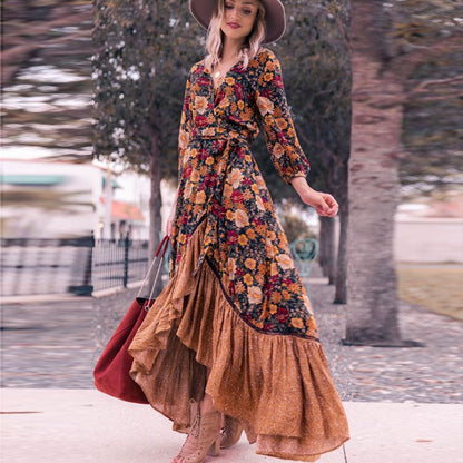 Long sleeve print Retro Long Brown Dress