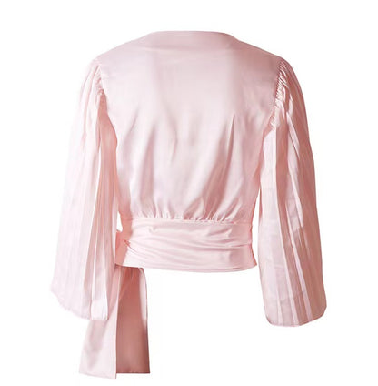 Long Sleeve Short V-neck Puff Sleeve Blouse