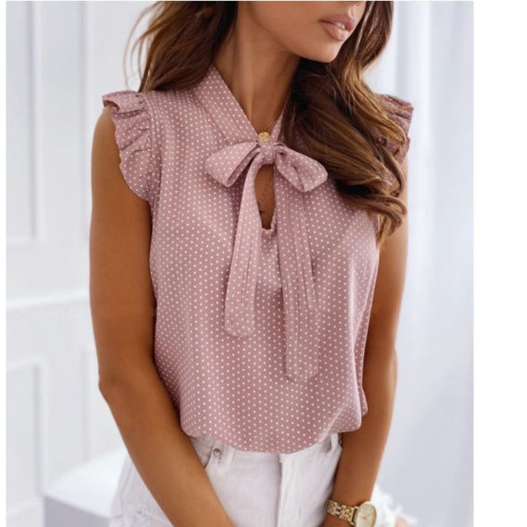 Polka Dot Bow Neck Sleeveless Blouse