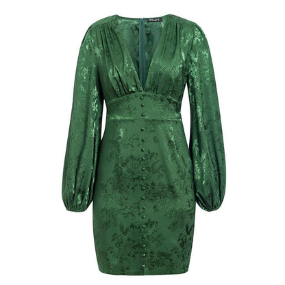 Women's Retro V-neck Solid Color Print Green Dress