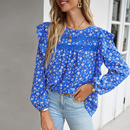 Women's Fashion Round Neck Long Sleeve Floral Shirt