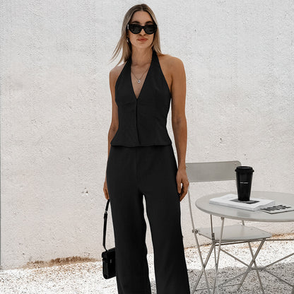 V-neck Halter Vest And Trousers Set