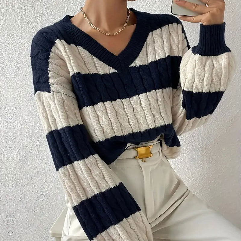 V-neck Long Sleeve Striped All-matching Sweater - Magic Moon Store