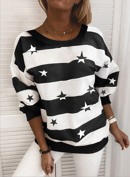 Striped Printed Long Sleeve Top Loose T-Shirt