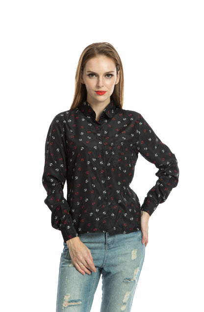 Lapel long sleeve lip print bottoming Chiffon Blouse