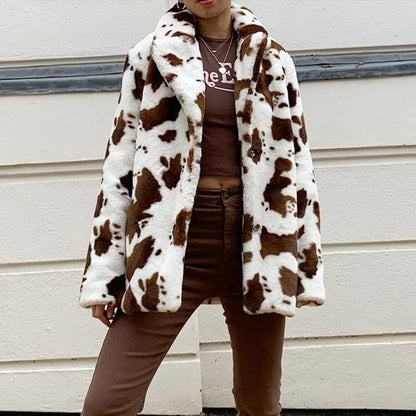 Loose Cow Pattern Fur Jacket - Magic Moon Store