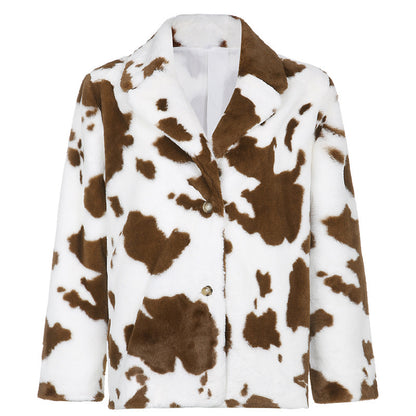 Loose Cow Pattern Fur Jacket - Magic Moon Store