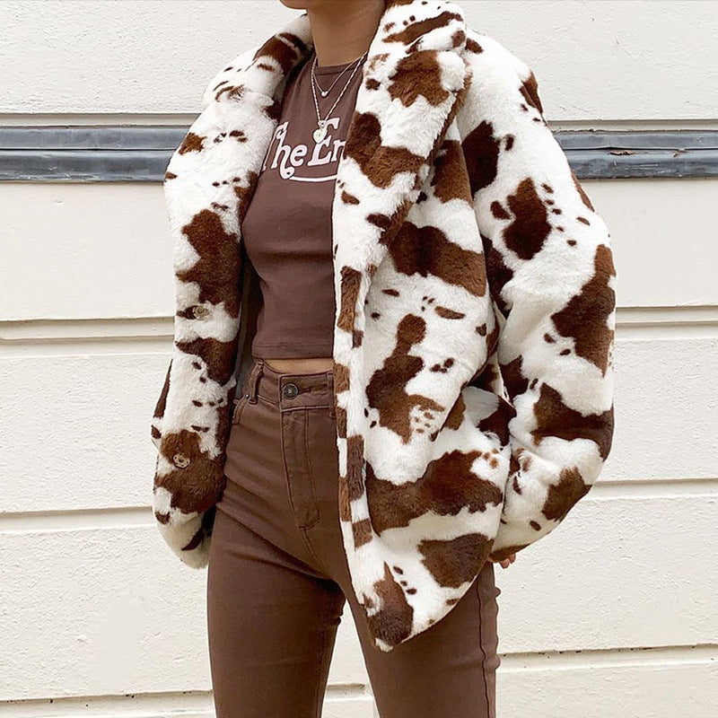 Loose Cow Pattern Fur Jacket - Magic Moon Store