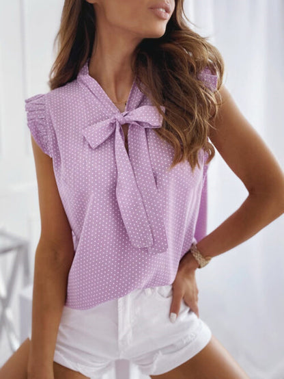 Polka Dot Bow Neck Sleeveless Blouse