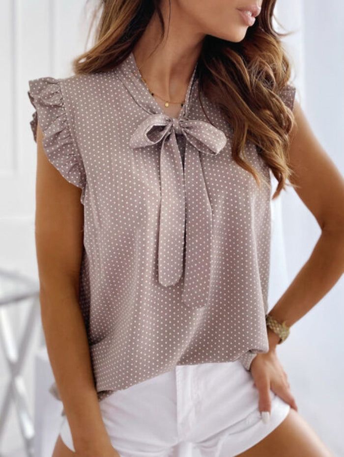 Polka Dot Bow Neck Sleeveless Blouse