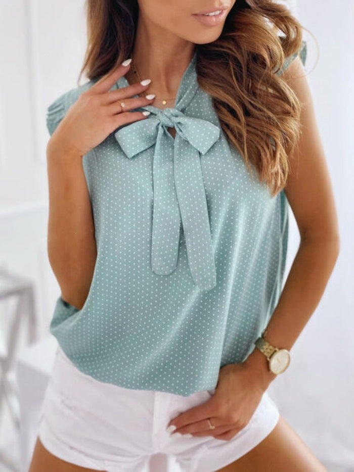 Polka Dot Bow Neck Sleeveless Blouse