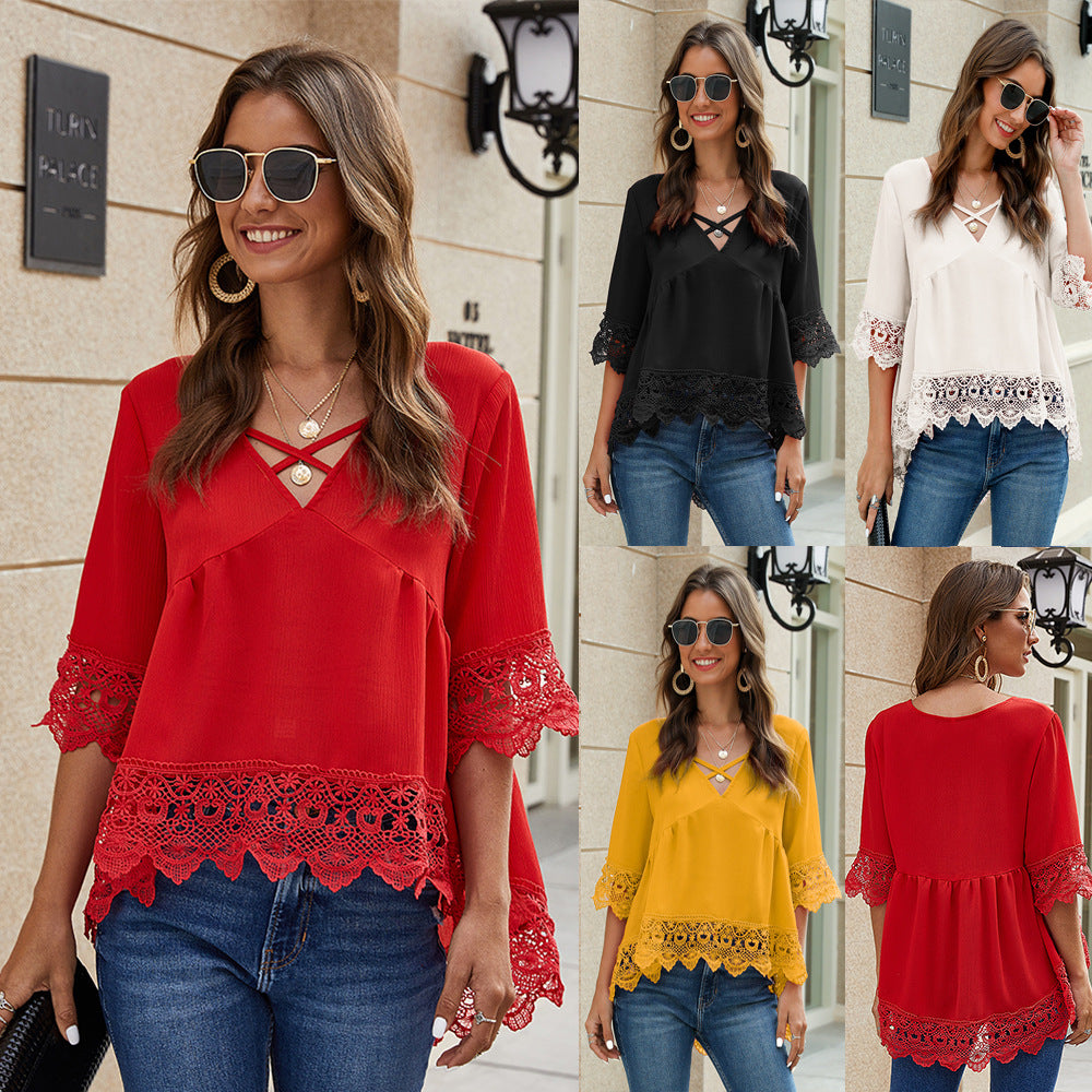 Chiffon Half Sleeve Lace Hollow Blouse