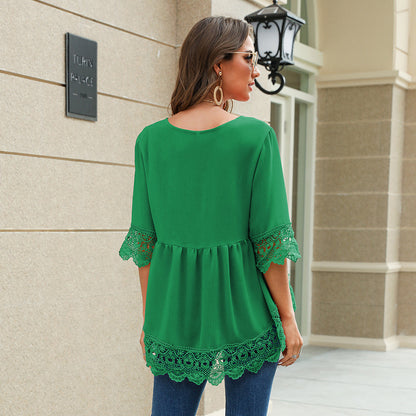 Chiffon Half Sleeve Lace Hollow Blouse