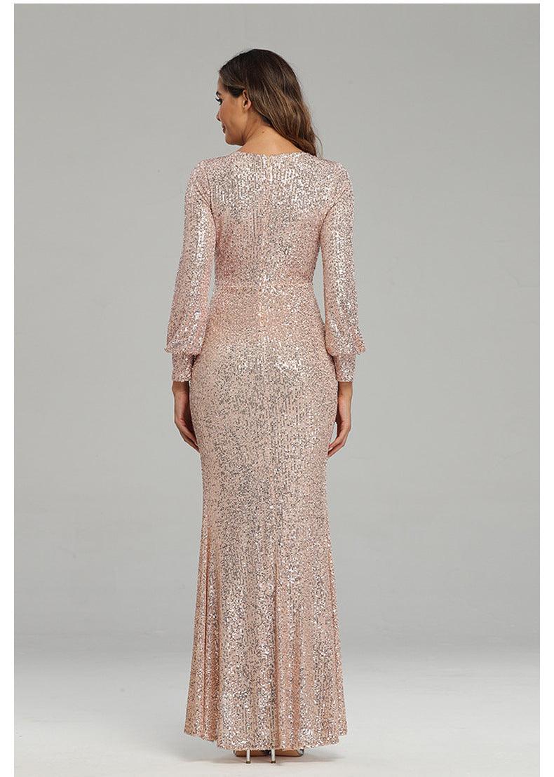 High Slit Long Sleeve Sequined Dress