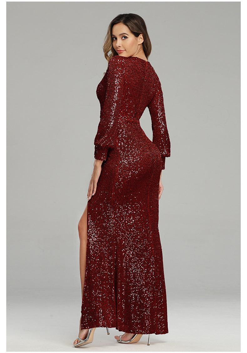 High Slit Long Sleeve Sequined Dress