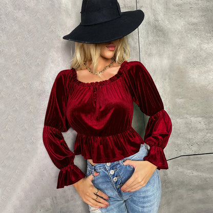 French Style Velvet Long Sleeve T-shirt