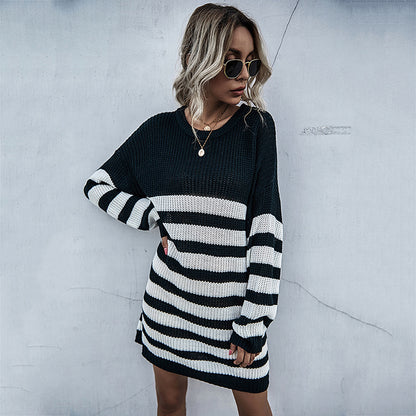 Long-sleeved Striped Round Neck Knitted Sweater Dress