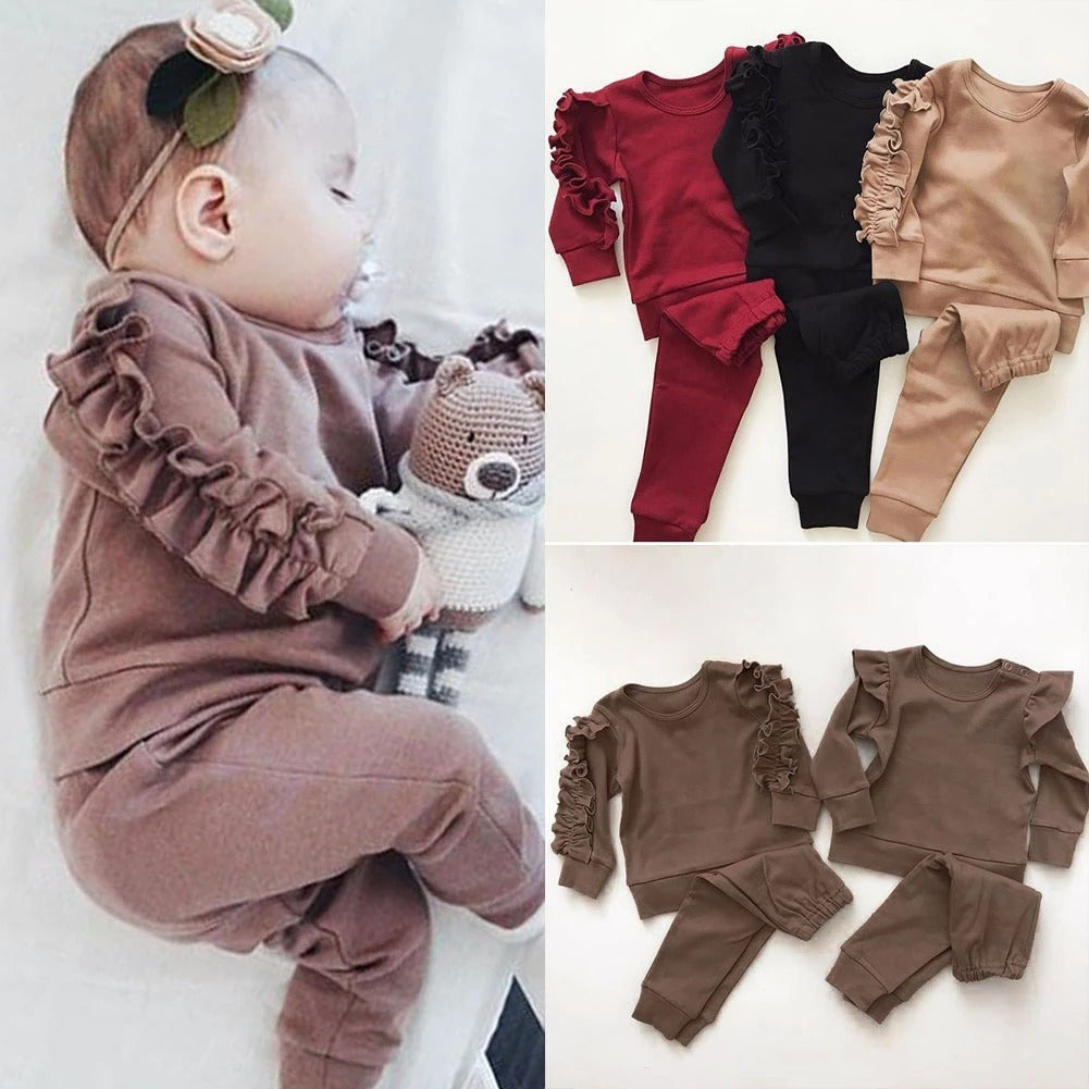 Conjunto de 2 piezas de ropa para bebés recién nacidos, niños y niñas, jersey con volantes, sudadera de manga larga lisa, pantalones, ropa de otoño