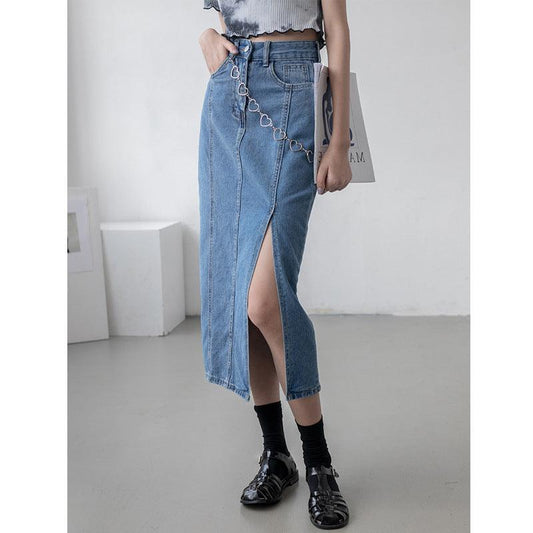 Retro side slit denim skirt