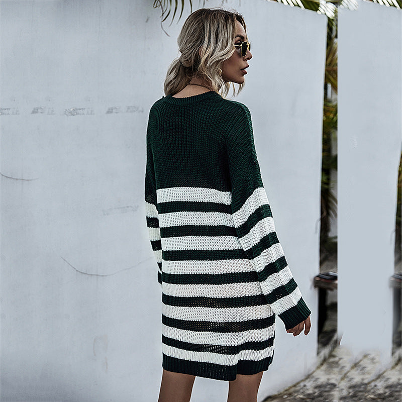 Long-sleeved Striped Round Neck Knitted Sweater Dress