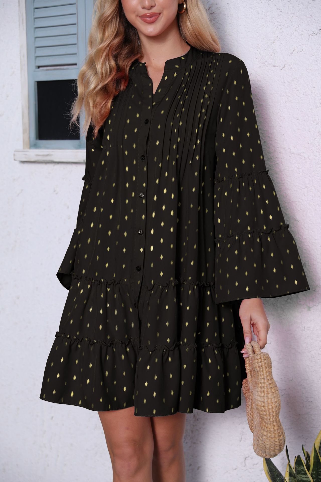 Pleated Flared Long Sleeve Button Design Loose Dress - Magic Moon Store