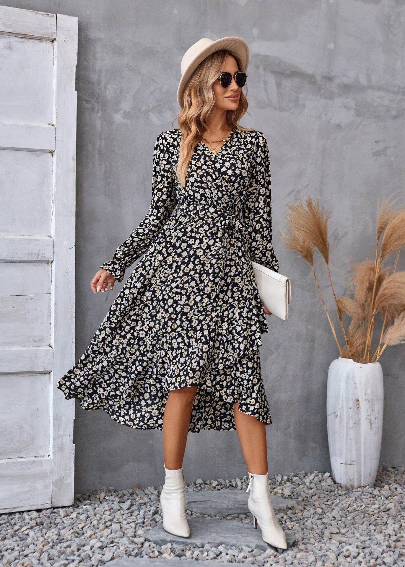 Flowers Print Long Sleeve Dress Ruffled