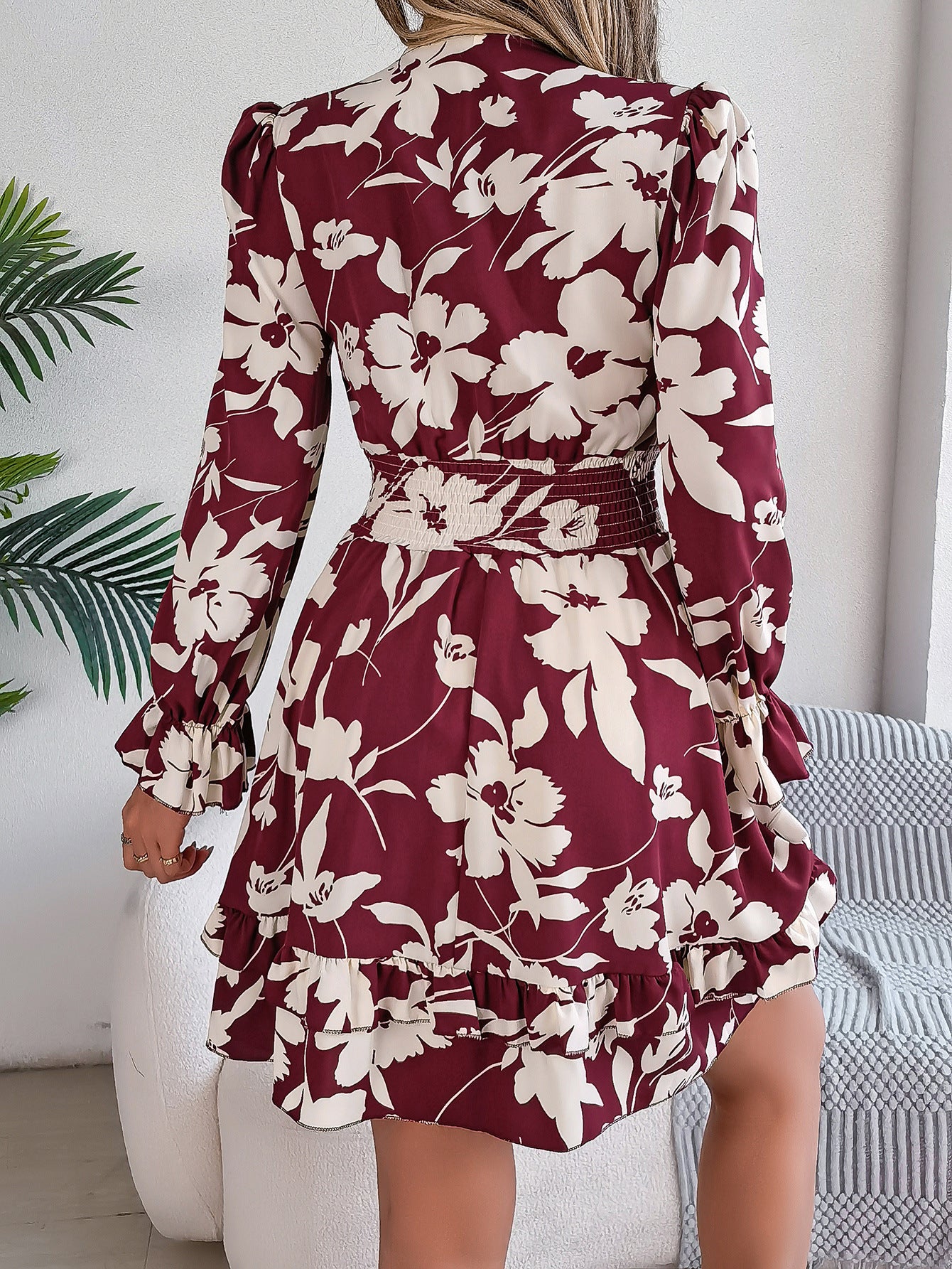 Floral V-Neck Long Sleeve Dress Fashion Ruffles Bowknot A-Line